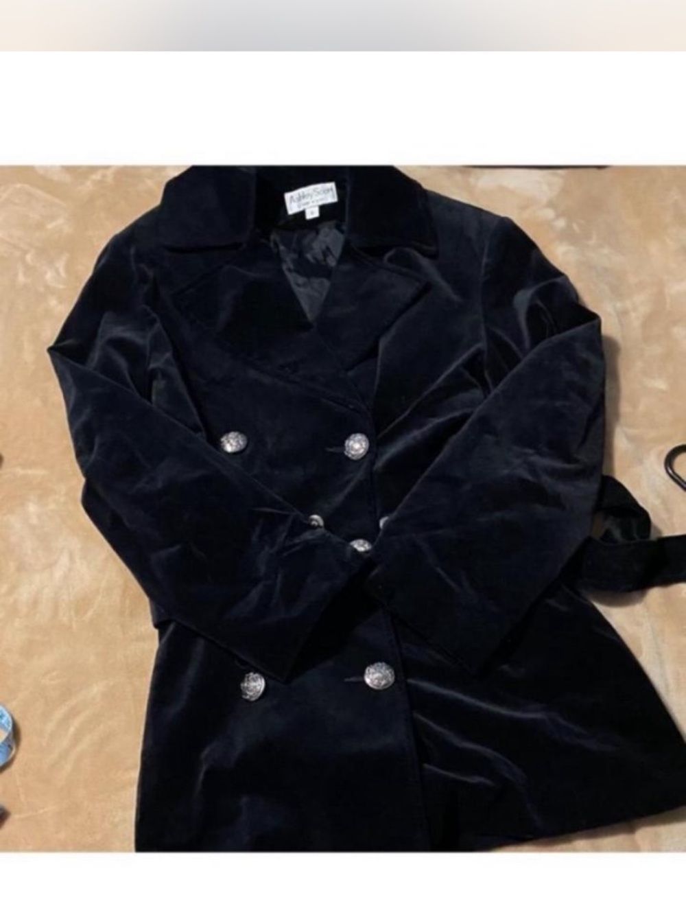 Ashley Scott Black Velvet Double-Breasted Pea Coat with Decorative Buttons